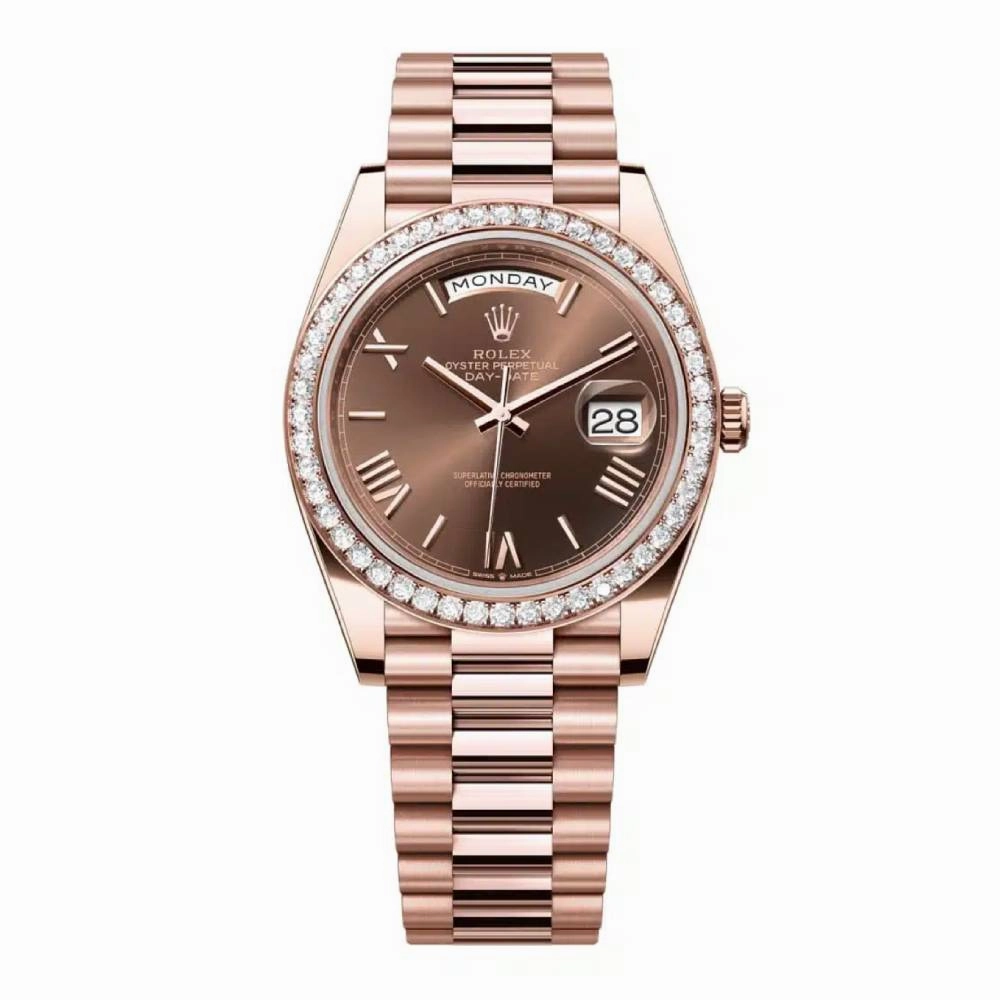 Rolex Day Date 40mm - Ref: 228345rbr-0009 - Chocolate Roman Dial & Diamond Bezel, 18K Rose Gold President Bracelet Men's Watch