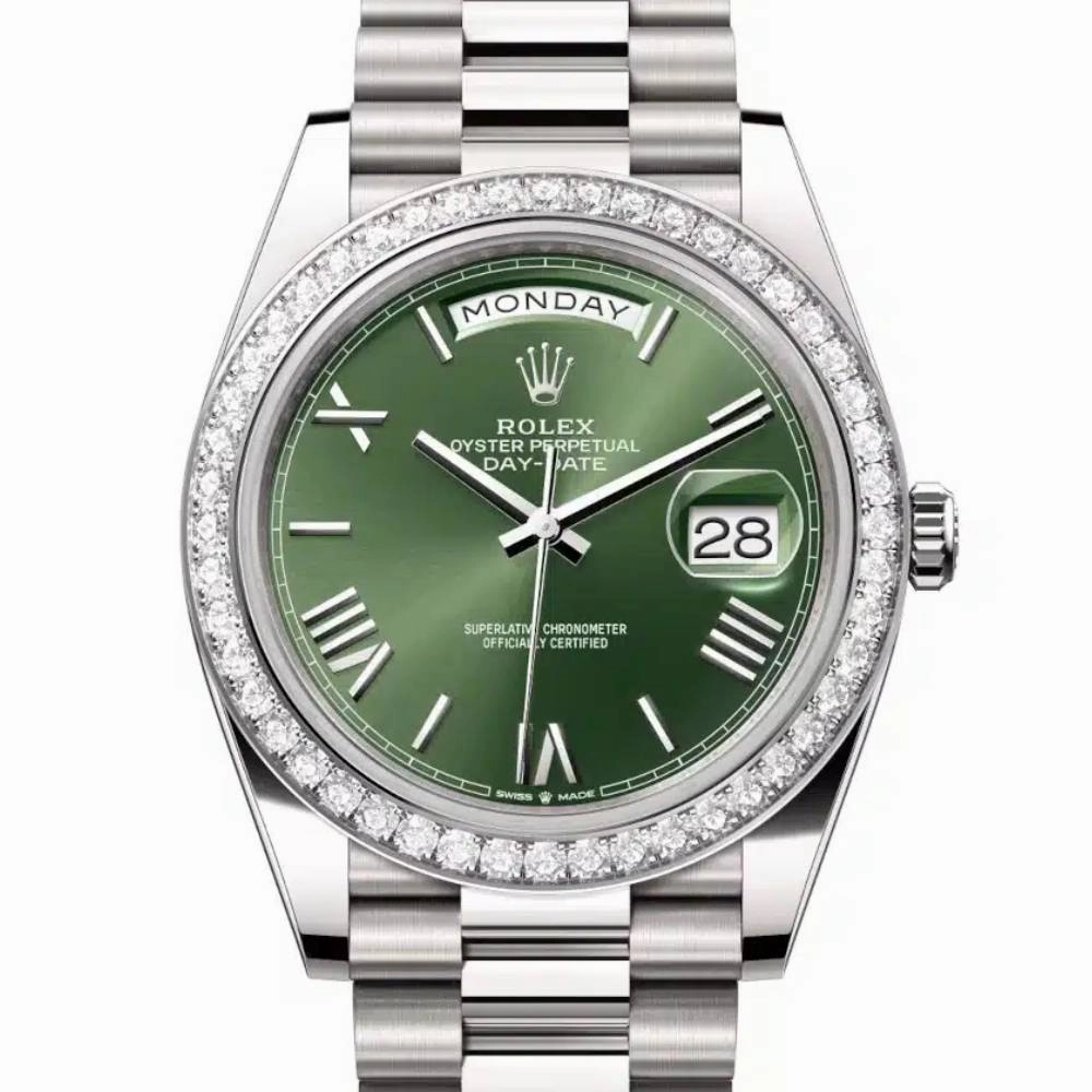 Rolex Day Date 40mm - Ref: 228349rbr-0030 - Olive Green Roman Dial & Diamond Bezel, 18K White Gold President Bracelet Men's Watch
