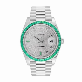 Rolex Day Date 40mm - Ref: 228396 TEM - Pave Diamond Dial & Green Emerald Bezel Platinum President Bracelet Men's Watch