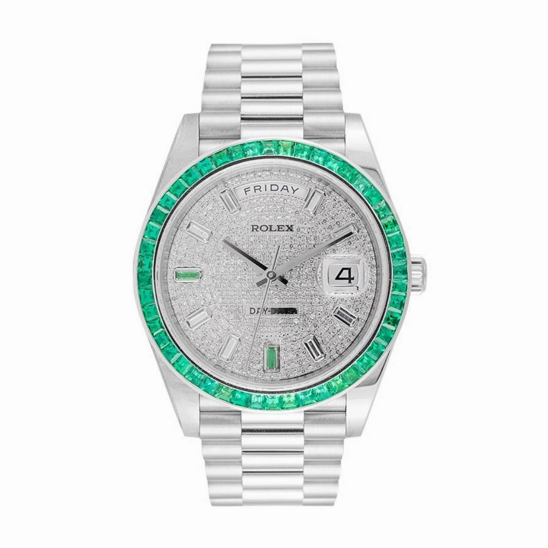 Rolex Day Date 40mm - Ref: 228396 TEM - Pave Diamond Dial & Green Emerald Bezel Platinum President Bracelet Men's Watch