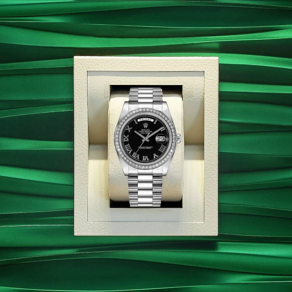 Rolex Day Date II 41mm - Ref: 218349 bkrp - Black Roman Dial & Diamond Bezel, 18K White Gold President Bracelet Men's Watch