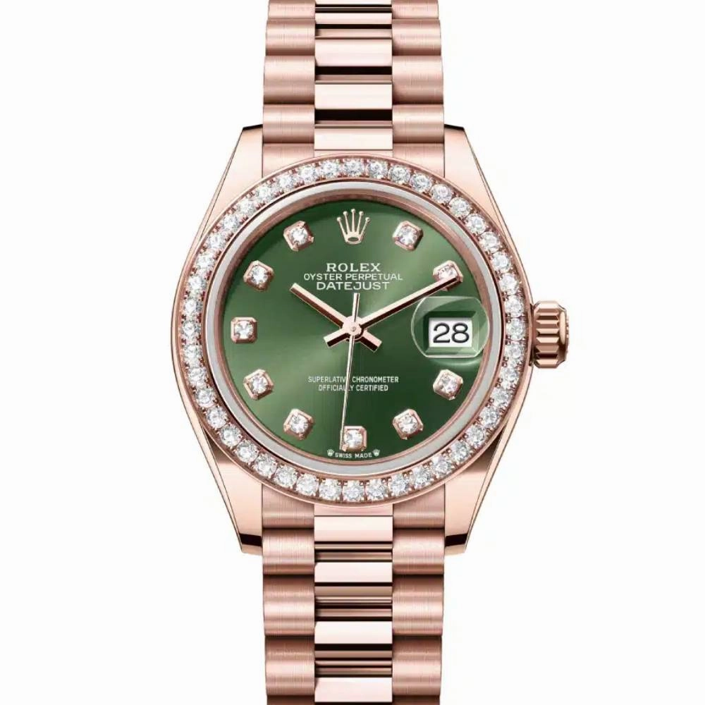 Rolex Lady Datejust 28mm - Ref: 279135rbr-0014 - Green Dial & Diamond Bezel, 18K Rose Gold President Bracelet Women's Watch