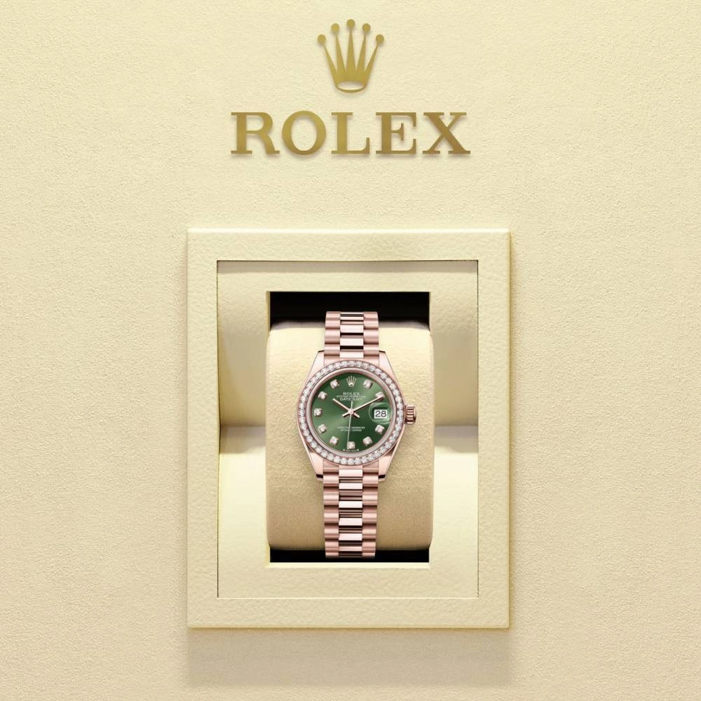 Rolex Lady Datejust 28mm - Ref: 279135rbr-0014 - Green Dial & Diamond Bezel, 18K Rose Gold President Bracelet Women's Watch