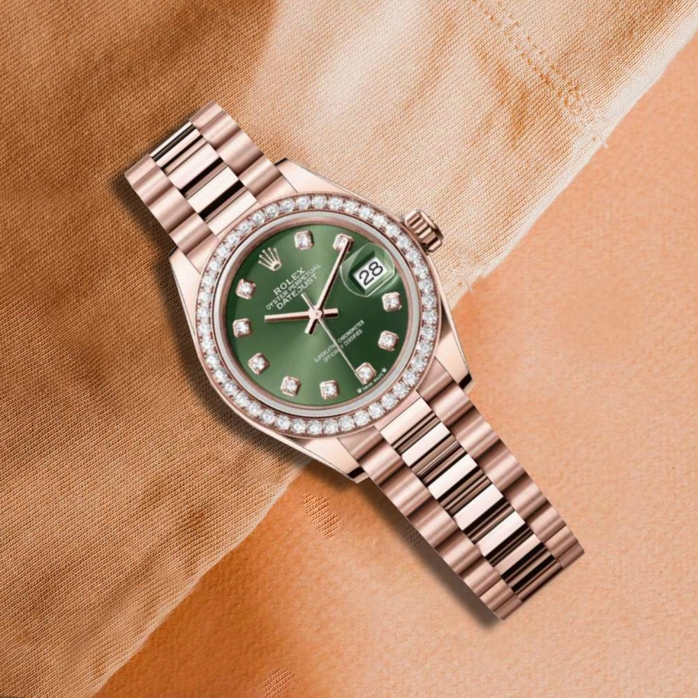 Rolex Lady Datejust 28mm - Ref: 279135rbr-0014 - Green Dial & Diamond Bezel, 18K Rose Gold President Bracelet Women's Watch
