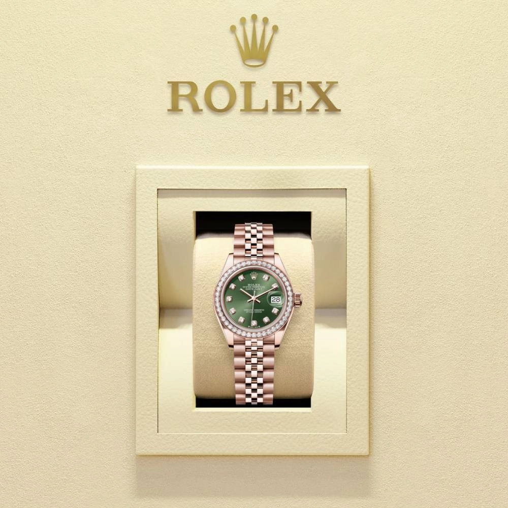Rolex Lady-Datejust 28mm - Ref: 279135rbr-0015 - Green Diamond Dial & Diamond Bezel, 18K Rose Gold Jubilee Bracelet Women's Watch