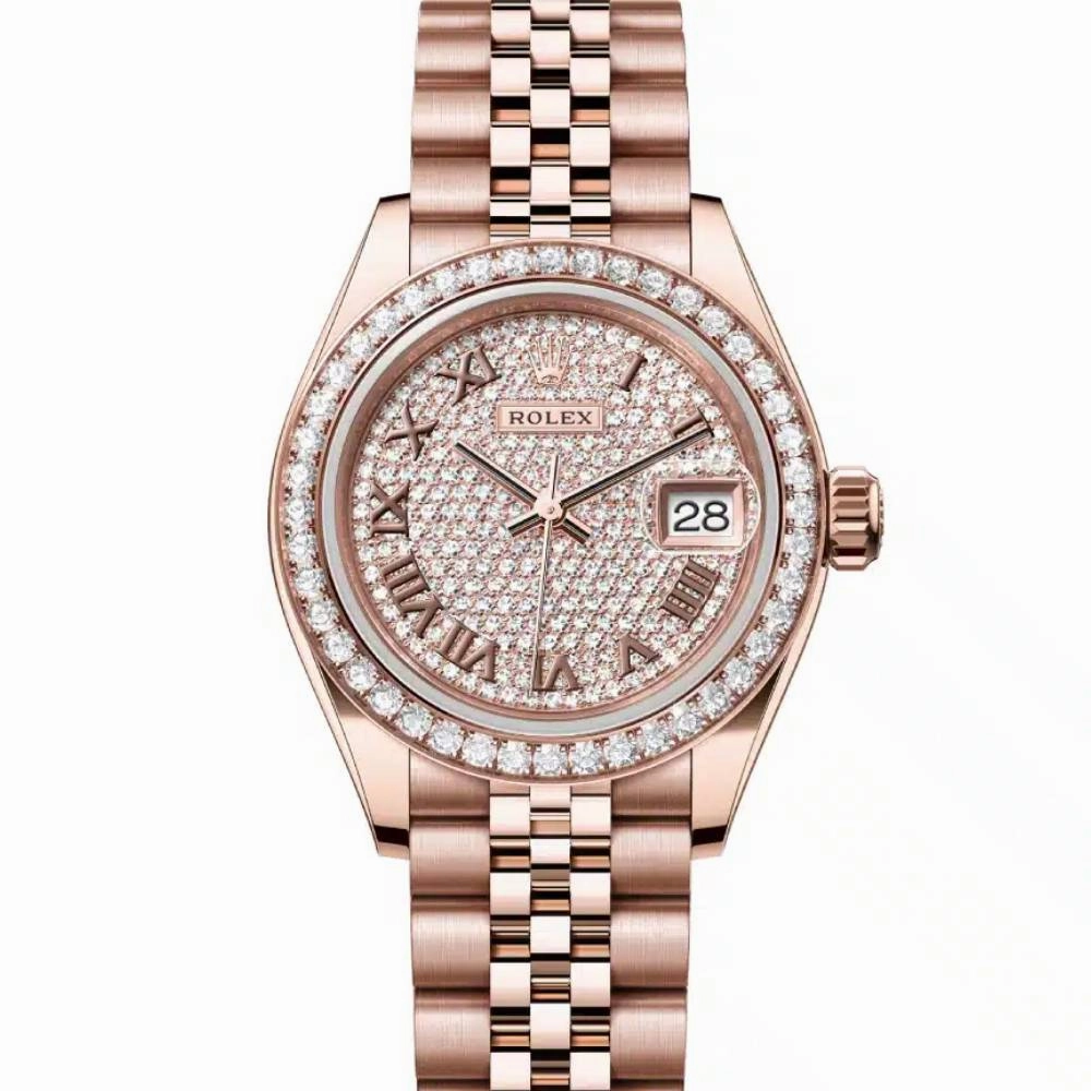 Rolex Lady-Datejust 28mm - Ref: 279135rbr-0022 - Roman Diamond Pave Dial & Diamond Bezel, 18K Rose Gold Jubilee Bracelet Women's Watch