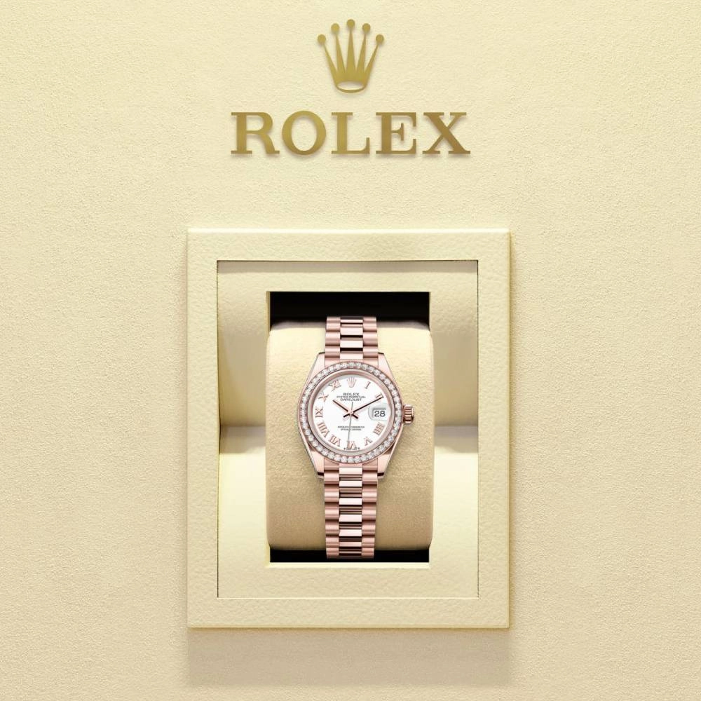 Rolex Lady-Datejust 28mm - Ref: 279135rbr-0023 - White Roman Dial & Diamond Bezel, 18K Rose Gold Presidential Bracelet Women's Watch