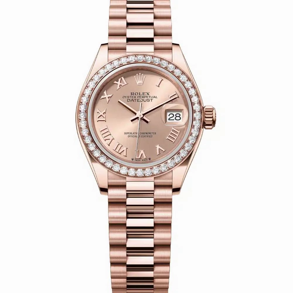 Rolex Lady Datejust 28mm - Ref: 279135rbr-0027 - Rose Dial & Diamond Bezel, 18K Rose Gold President Bracelet Women's Watch