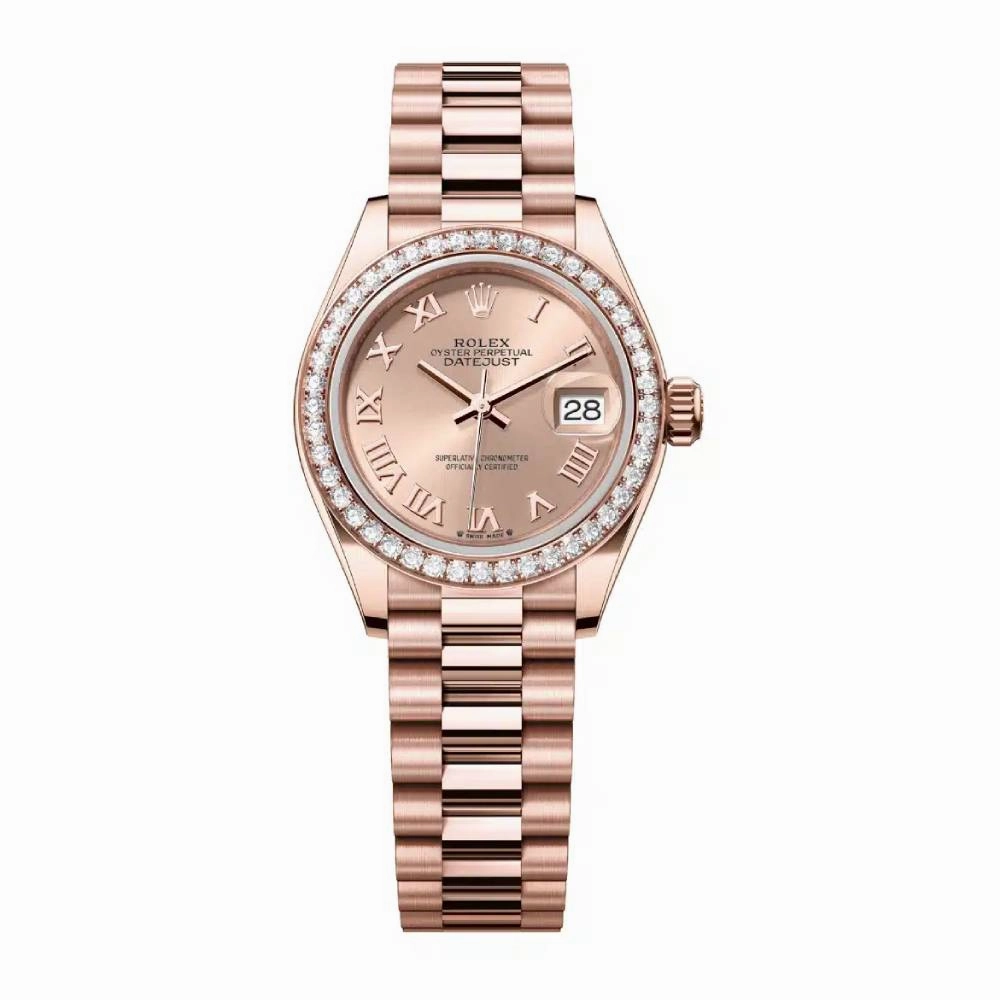 Rolex Lady Datejust 28mm - Ref: 279135rbr-0027 - Rose Dial & Diamond Bezel, 18K Rose Gold President Bracelet Women's Watch