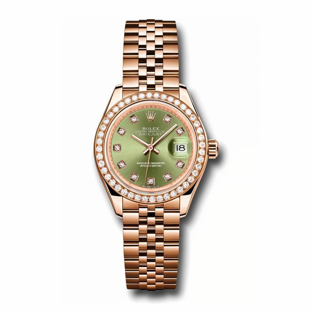 Rolex Lady-Datejust 28mm - Ref: 279135RBR ogdj - Green Diamond Dial & Diamond Bezel, 18K Rose Gold Jubilee Bracelet Women's Watch