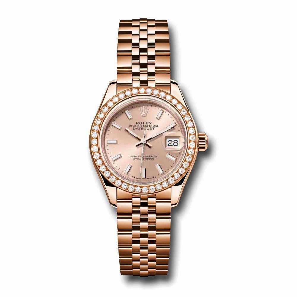 Rolex Lady-Datejust 28mm - Ref: 279135RBR pij - Sundust Stick Dial & Diamond Bezel, 18K Rose Gold Jubilee Bracelet Women's Watch