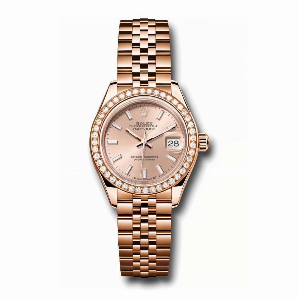 Rolex Lady-Datejust 28mm - Ref: 279135RBR pij - Sundust Stick Dial & Diamond Bezel, 18K Rose Gold Jubilee Bracelet Women's Watch