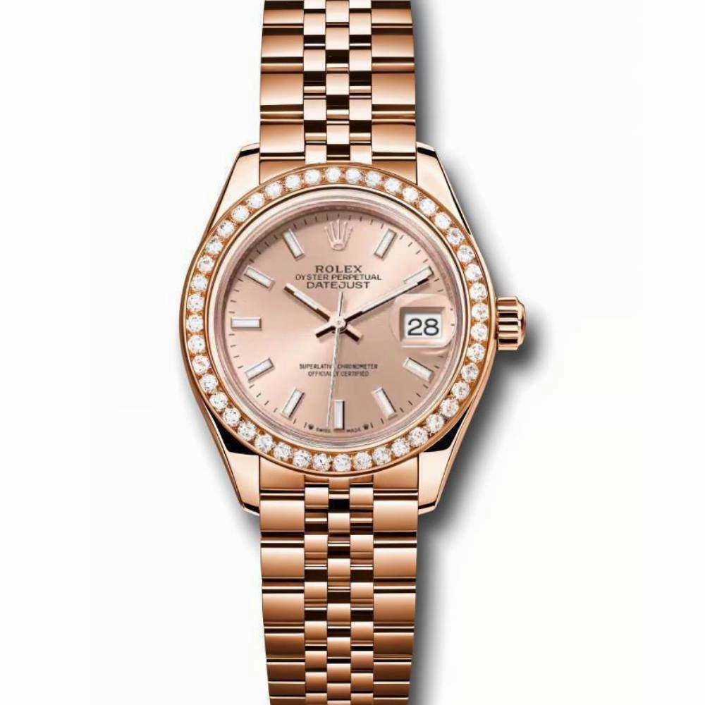 Rolex Lady-Datejust 28mm - Ref: 279135RBR pij - Sundust Stick Dial & Diamond Bezel, 18K Rose Gold Jubilee Bracelet Women's Watch
