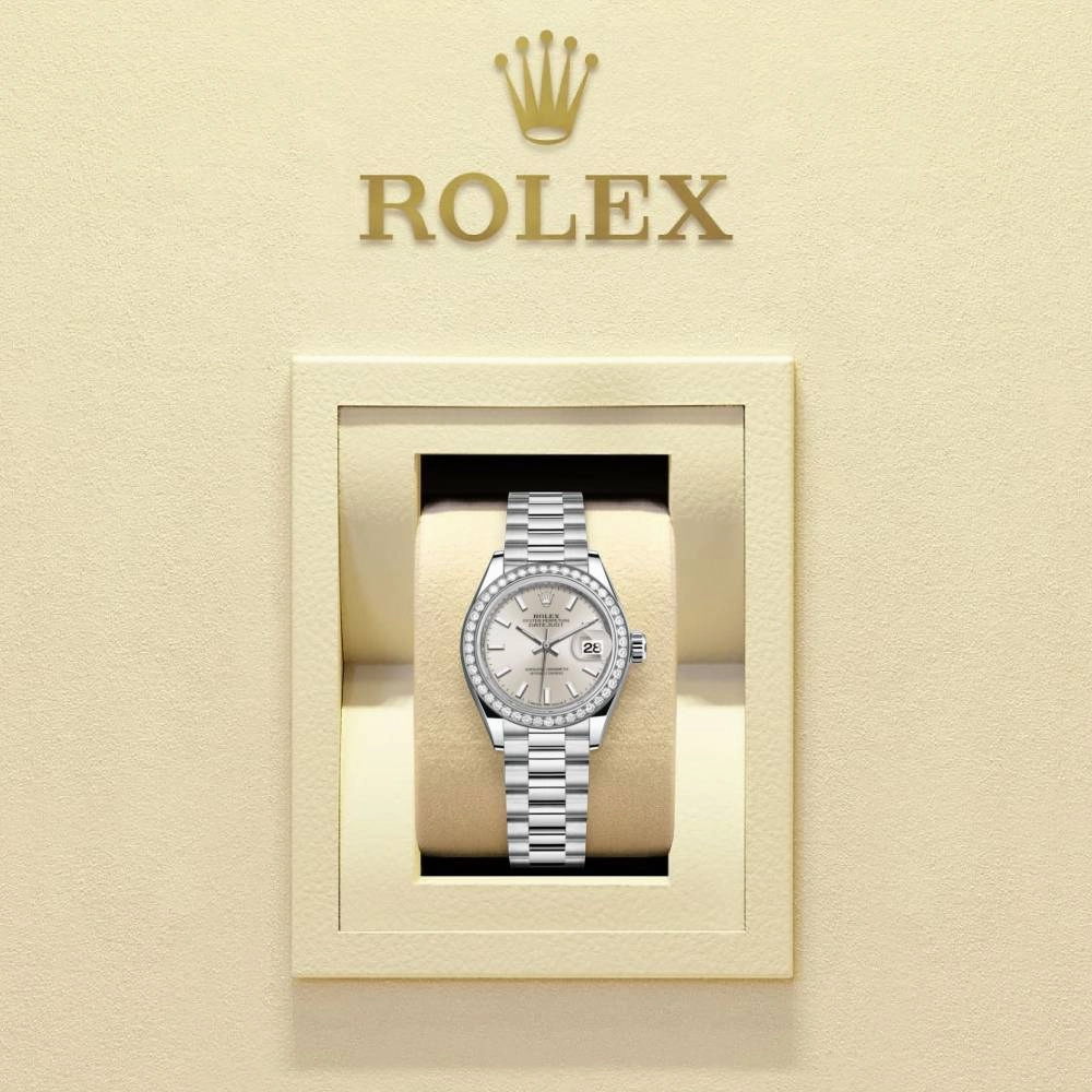 Rolex Lady-Datejust 28mm - Ref: 279136rbr-0006 - Silver Dial & Diamond Bezel, 18K White Gold Presidential Bracelet Women's Watch