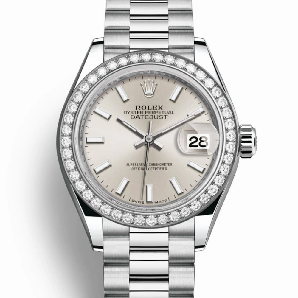 Rolex Lady-Datejust 28mm - Ref: 279136rbr-0006 - Silver Dial & Diamond Bezel, 18K White Gold Presidential Bracelet Women's Watch