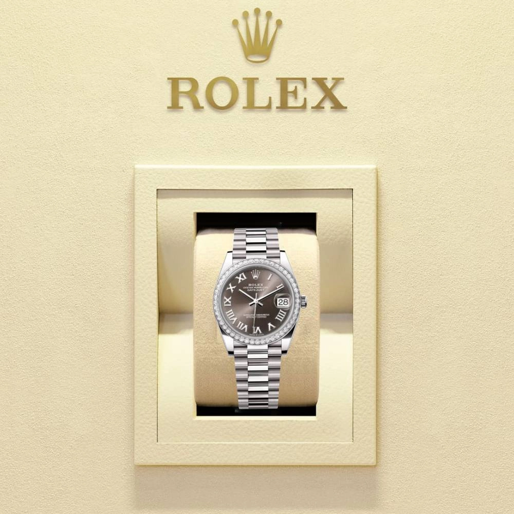 Rolex Lady-Datejust 28mm - Ref: 279136RBR dkgrp - Grey Roman Dial & Diamond Bezel, Platinum Presidential Bracelet Women's Watch