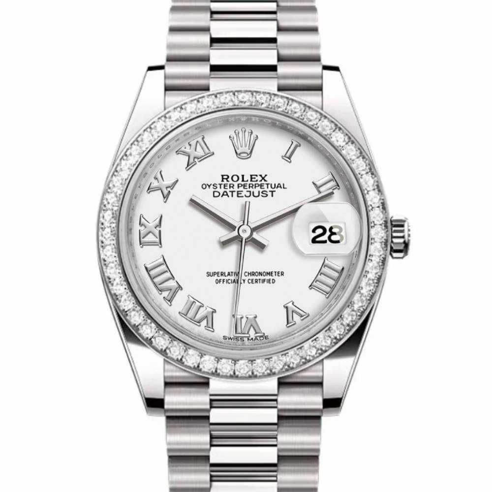 Rolex Lady-Datejust 28mm - Ref: 279136RBR wrp - White Roman Dial & Diamond Bezel, Platinum Presidential Bracelet Women's Watch