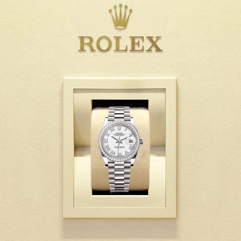 Rolex Lady-Datejust 28mm - Ref: 279136RBR wrp - White Roman Dial & Diamond Bezel, Platinum Presidential Bracelet Women's Watch