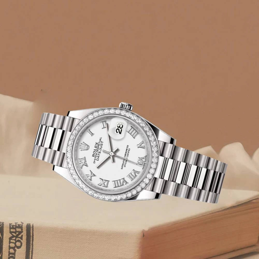 Rolex Lady-Datejust 28mm - Ref: 279136RBR wrp - White Roman Dial & Diamond Bezel, Platinum Presidential Bracelet Women's Watch