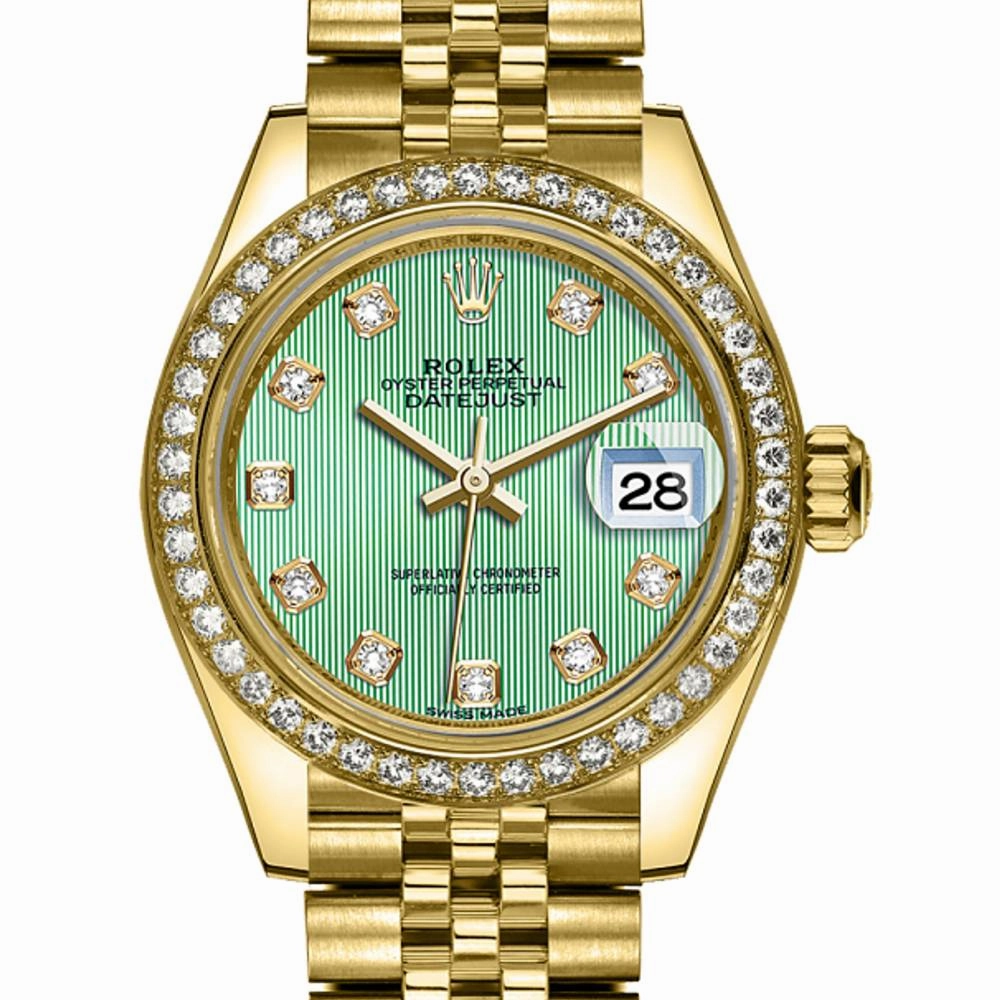 Rolex Lady Datejust 28mm - Ref: 279138rbr-0026 - Green Dial, 18K Yellow Gold Jubilee Bracelet Women's Watch