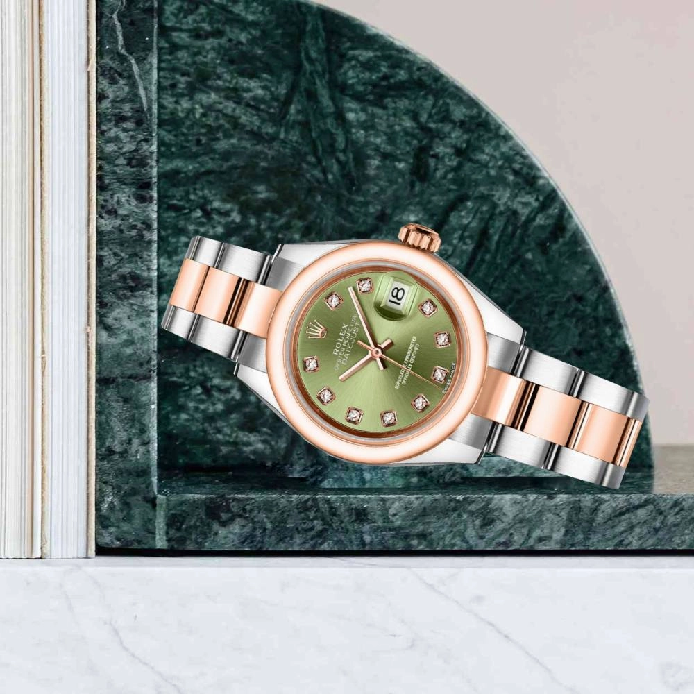 Rolex Lady-Datejust 28mm - Ref: 279161-0008 - Green Diamond Dial, Two Tone Stainless Steel & 18K Rose Gold Oyster Bracelet Women's Watch