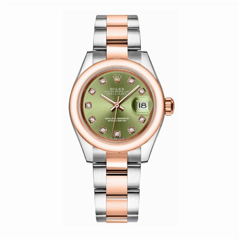 Rolex Lady-Datejust 28mm - Ref: 279161-0008 - Green Diamond Dial, Two Tone Stainless Steel & 18K Rose Gold Oyster Bracelet Women's Watch