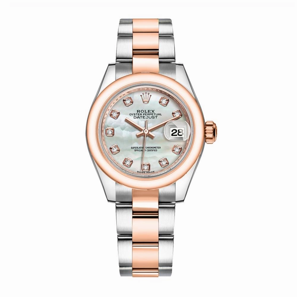 Rolex Lady-Datejust 28mm - Ref: 279161-0014 - White Mother of Pearl Diamond Dial, Two Tone Stainless Steel & 18K Rose Gold Oyster Bracelet Women's Watch