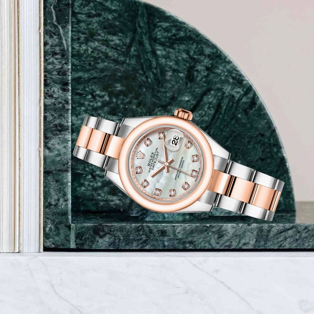 Rolex Lady-Datejust 28mm - Ref: 279161-0014 - White Mother of Pearl Diamond Dial, Two Tone Stainless Steel & 18K Rose Gold Oyster Bracelet Women's Watch