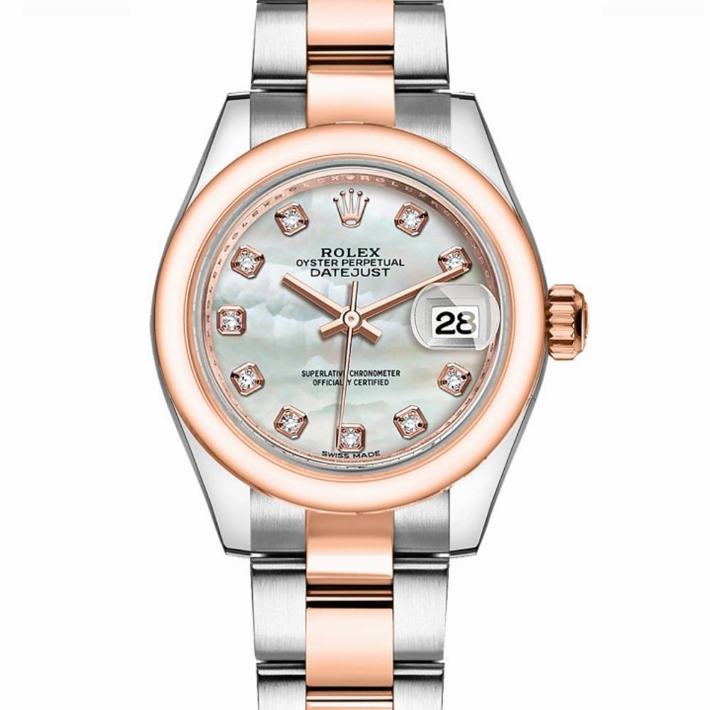 Rolex Lady-Datejust 28mm - Ref: 279161-0014 - White Mother of Pearl Diamond Dial, Two Tone Stainless Steel & 18K Rose Gold Oyster Bracelet Women's Watch