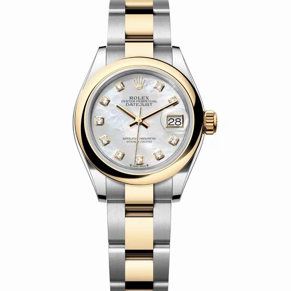 Rolex Lady-Datejust 28mm - Ref: 279163-0014 - White Mother of Pearl Diamond Dial, Two Tone Stainless Steel & 18K Yellow Gold Oyster Bracelet Women's Watch