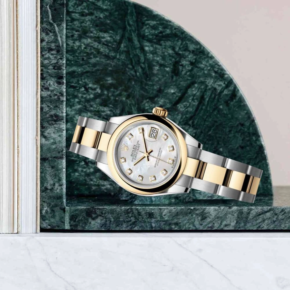 Rolex Lady-Datejust 28mm - Ref: 279163-0014 - White Mother of Pearl Diamond Dial, Two Tone Stainless Steel & 18K Yellow Gold Oyster Bracelet Women's Watch