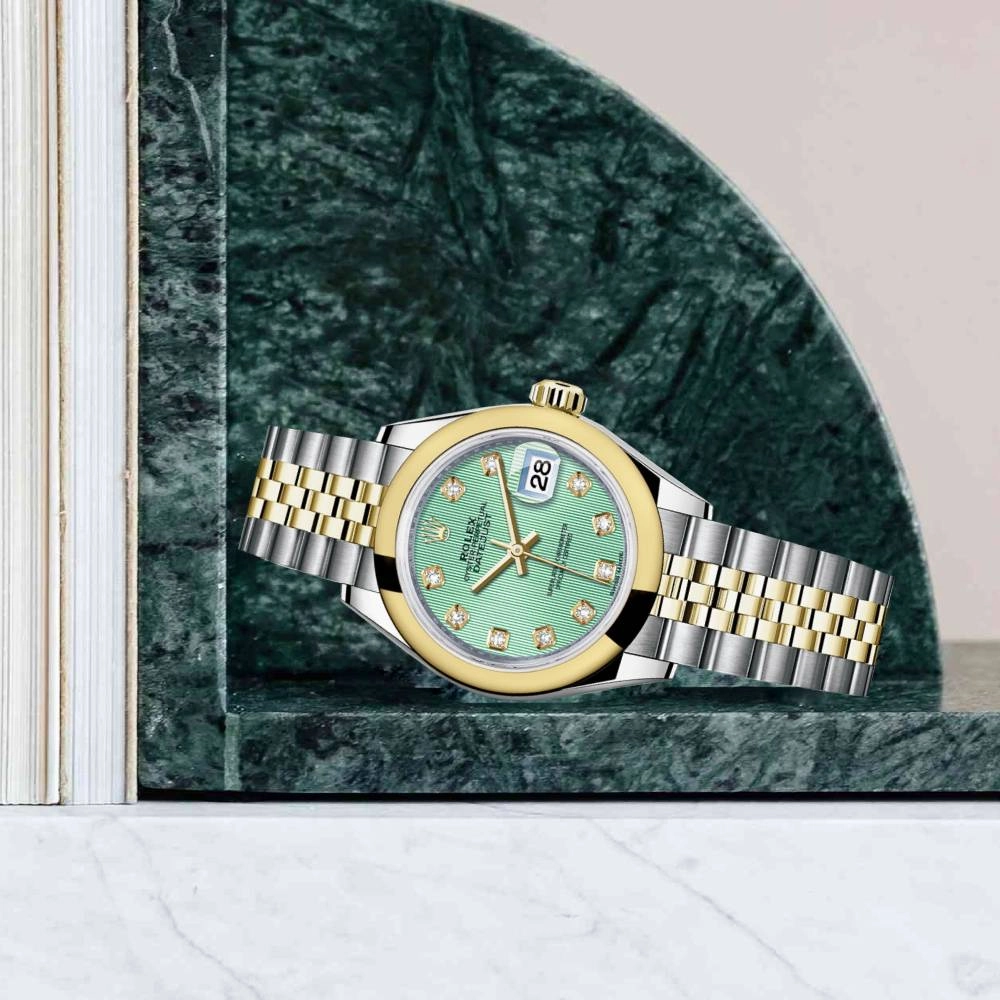 Rolex Lady-Datejust 28mm - Ref: 279163-0015 - Mint Green Diamond Dial, Two Tone Stainless Steel & 18K Yellow Gold Jubilee Bracelet Women's Watch