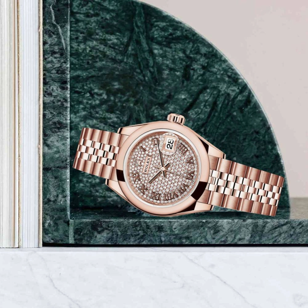Rolex Lady Datejust 28mm - Ref: 279165-0024 - Diamond Pave Dial, 18K Rose Gold Jubilee Bracelet Women's Watch