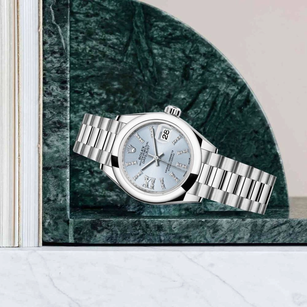 Rolex Lady-Datejust 28mm - Ref: 279166-0002 - Ice Blue Roman Diamond Dial, Platinum President Bracelet Women's Watch
