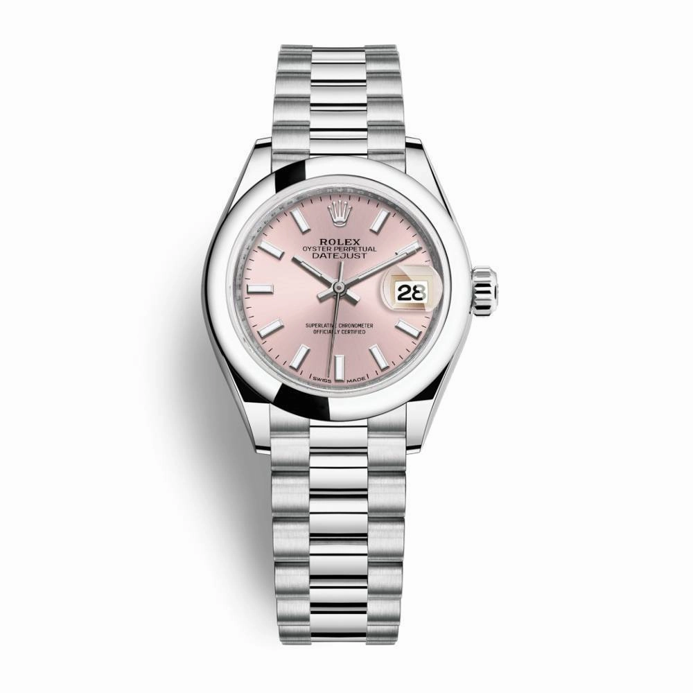 Rolex Lady-Datejust 28mm - Ref: 279166-0004 - Pink Stick Dial, Platinum President Bracelet Women's Watch