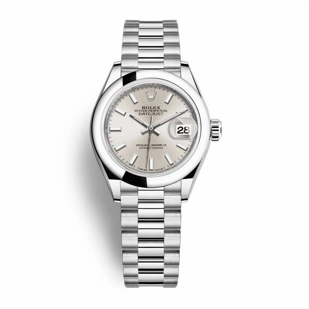 Rolex Lady-Datejust 28mm - Ref: 279166-0006 - Silver Stick Dial, Platinum President Bracelet Women's Watch