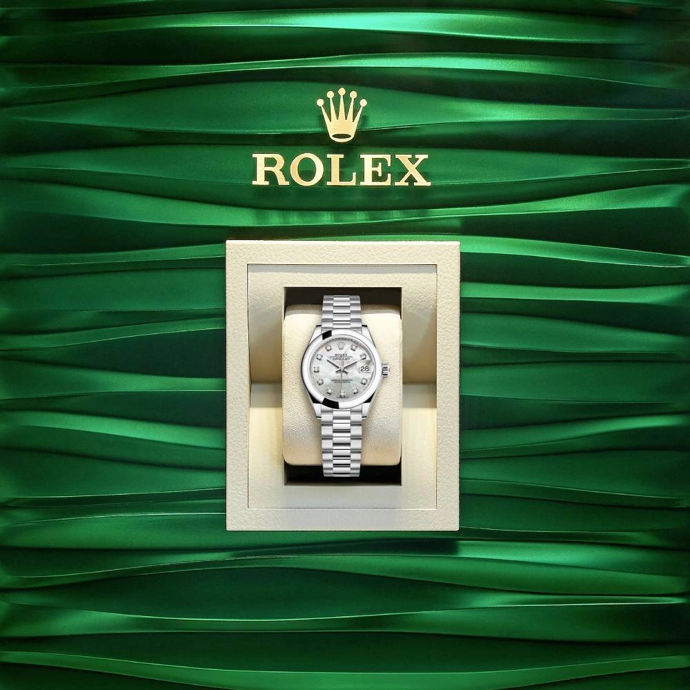 Rolex Lady-Datejust 28mm - Ref: 279166-0008 - White Mother of Pearl Diamond Dial, Platinum President Bracelet Women's Watch