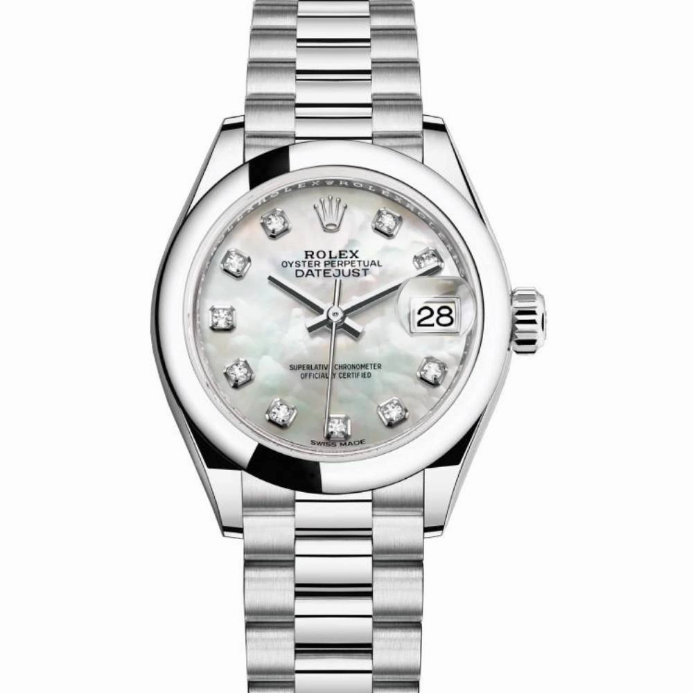 Rolex Lady-Datejust 28mm - Ref: 279166-0008 - White Mother of Pearl Diamond Dial, Platinum President Bracelet Women's Watch