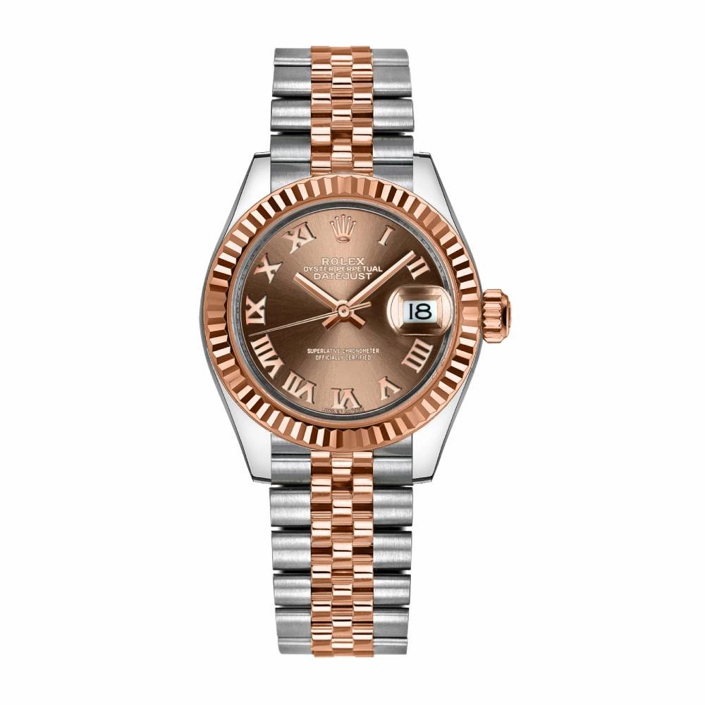 Rolex Lady-Datejust 28mm - Ref: 279171-0009 - Chocolate Roman Dial, Two Tone Stainless Steel & 18K Rose Gold Jubilee Bracelet Women's Watch