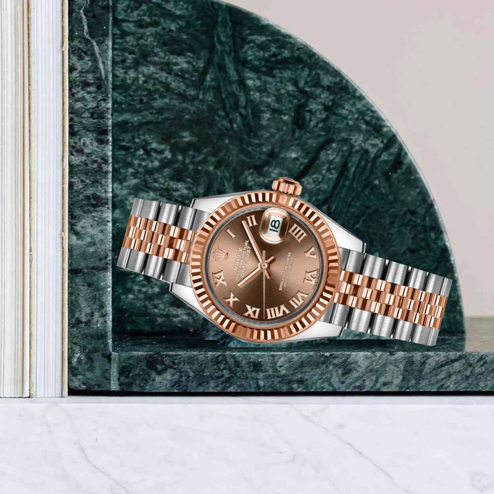 Rolex Lady-Datejust 28mm - Ref: 279171-0009 - Chocolate Roman Dial, Two Tone Stainless Steel & 18K Rose Gold Jubilee Bracelet Women's Watch