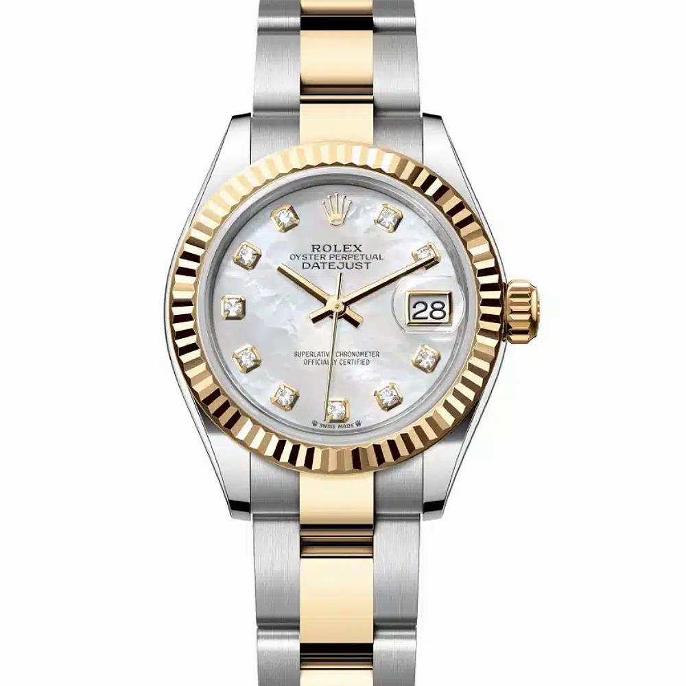 Rolex Lady-Datejust 28mm - Ref: 279173-0014 - White Mother of Pearl Diamond Dial, Two Tone Stainless Steel & 18K Yellow Gold Oyster Bracelet Women's Watch