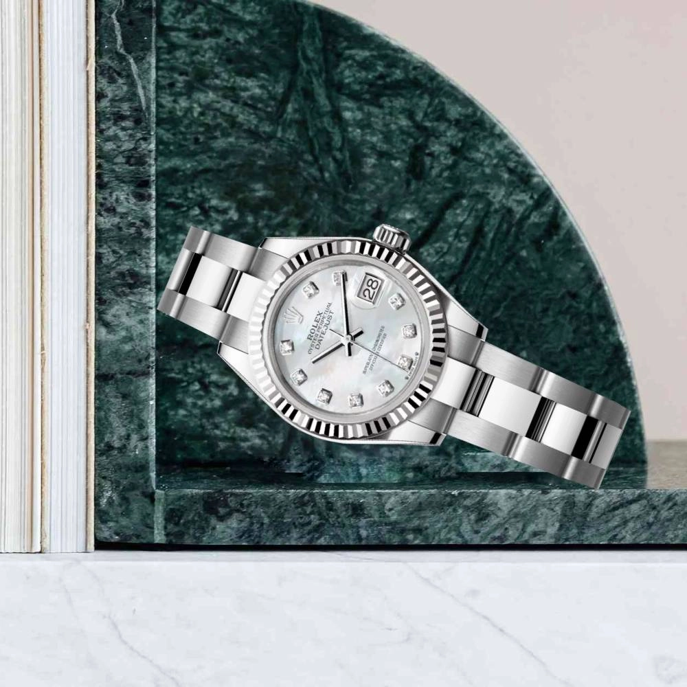 Rolex Lady-Datejust 28mm - Ref: 279174-0010 - White Mother of Pearl Diamond Dial, Stainless Steel Oyster Bracelet Women's Watch