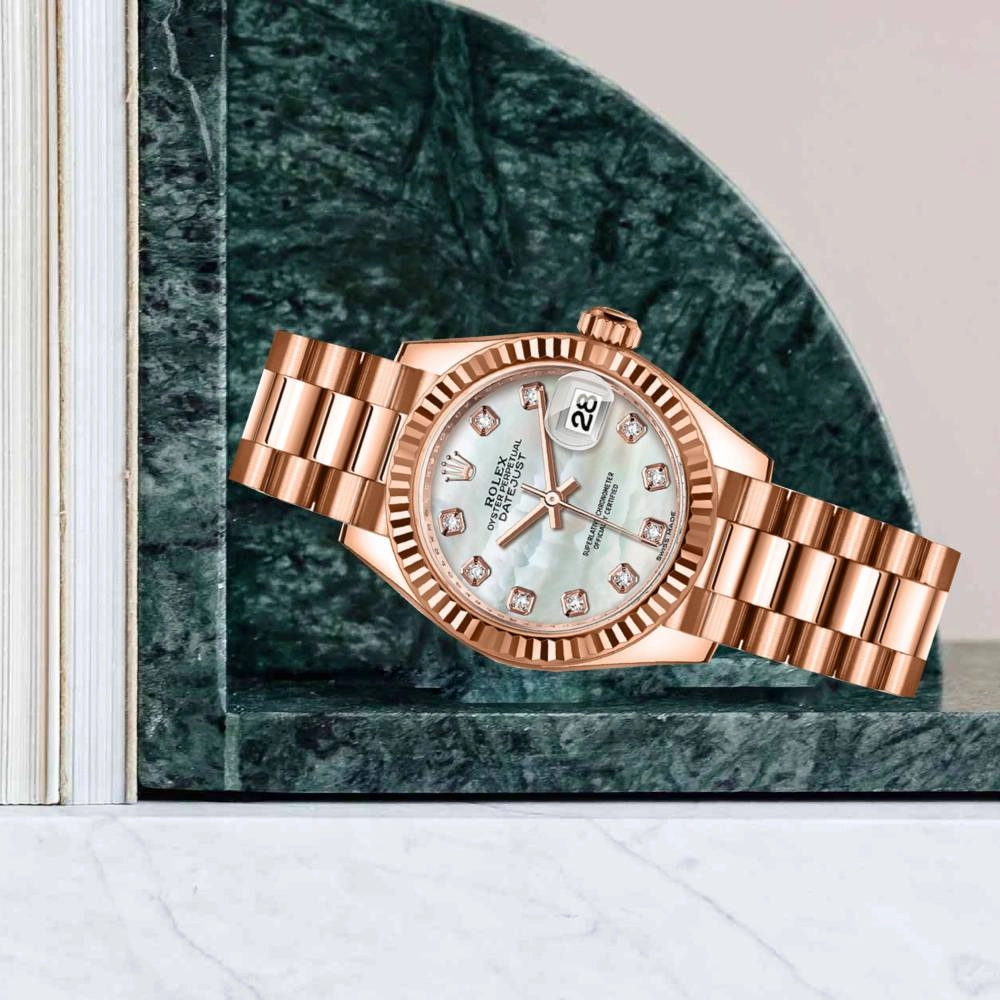Rolex Lady Datejust 28mm - Ref: 279175-0017 - White Mother of Pearl Dial, 18K Rose Gold President Bracelet Women's Watch