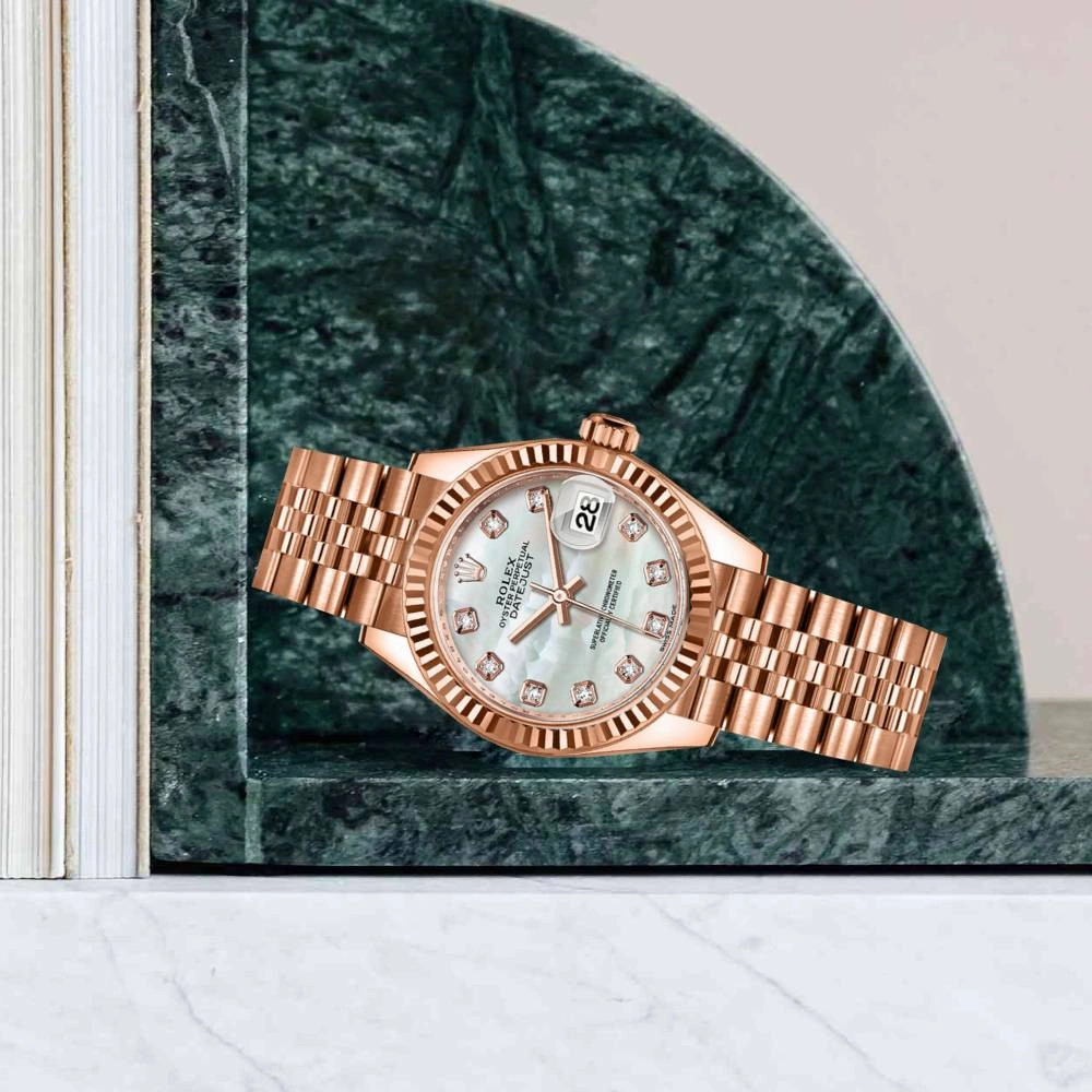 Rolex Lady-Datejust 28mm - Ref: 279175-0018 - White Mother of Pearl Diamond Dial, 18K Rose Gold Jubilee Bracelet Women's Watch