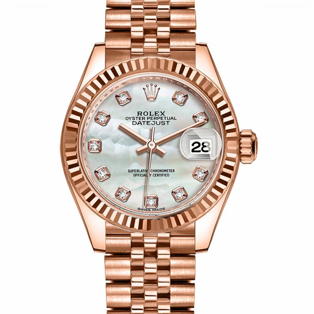 Rolex Lady-Datejust 28mm - Ref: 279175-0018 - White Mother of Pearl Diamond Dial, 18K Rose Gold Jubilee Bracelet Women's Watch