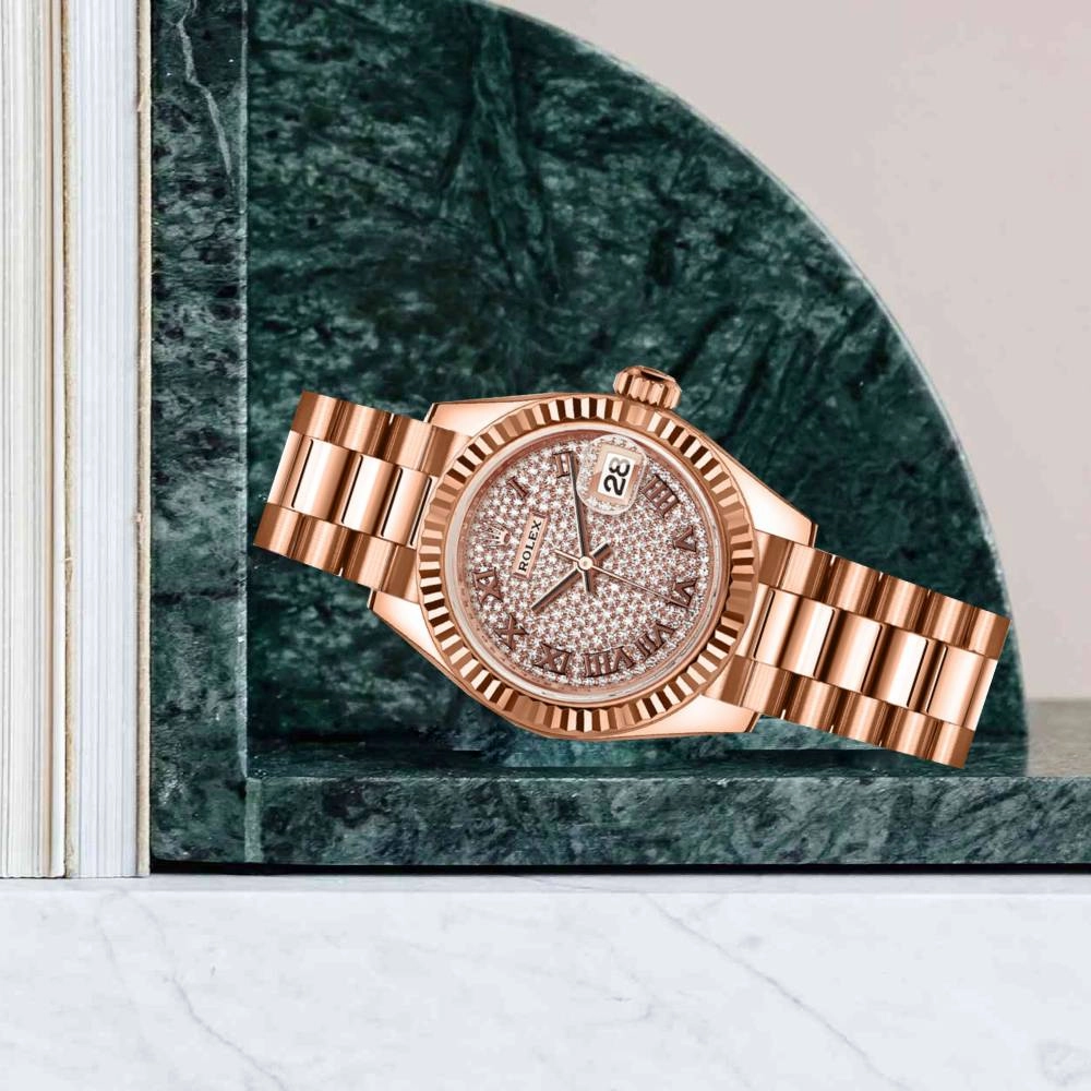 Rolex Lady Datejust 28mm - Ref: 279175-0023 - Diamond Pave Dial, 18K Rose Gold President Bracelet Women's Watch