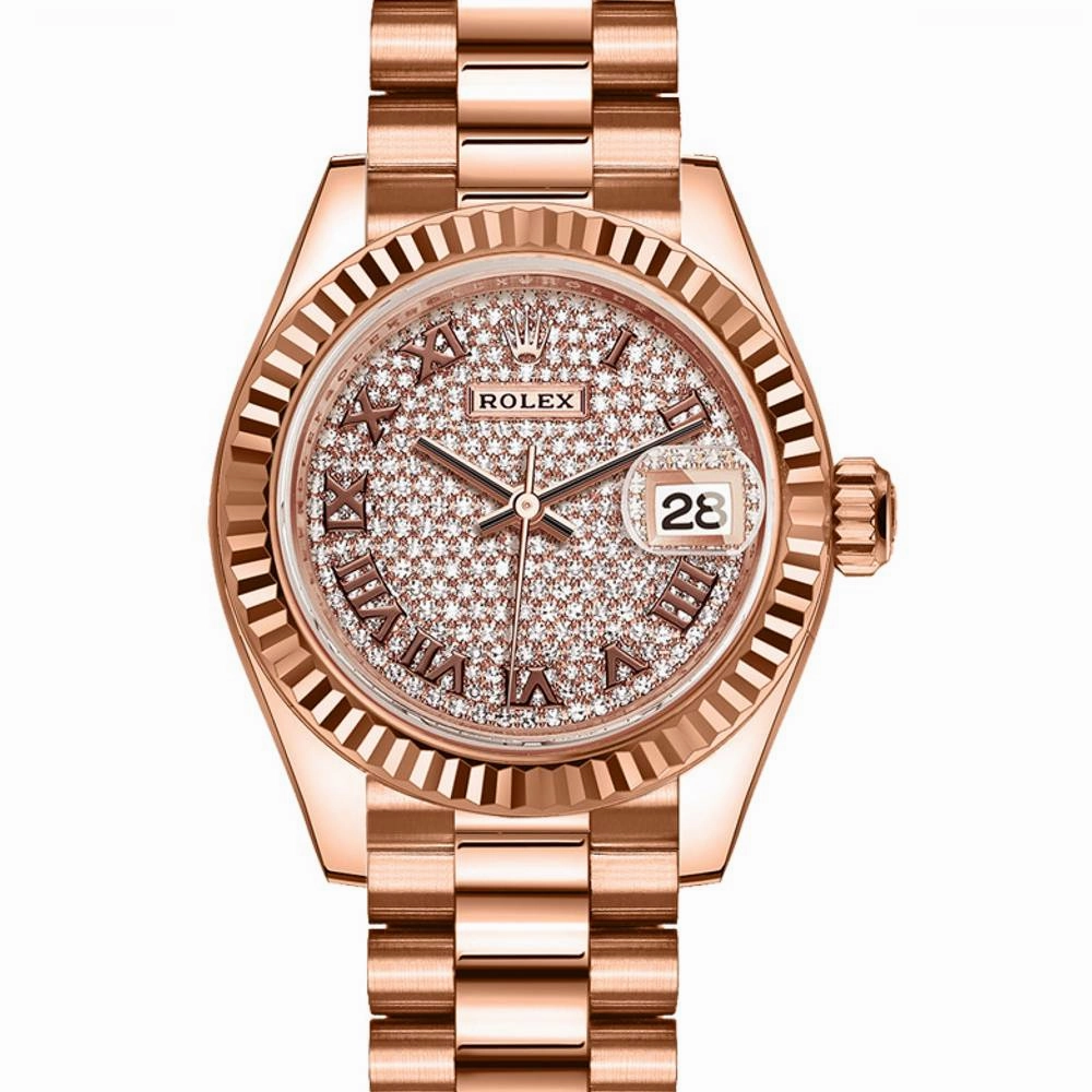 Rolex Lady Datejust 28mm - Ref: 279175-0023 - Diamond Pave Dial, 18K Rose Gold President Bracelet Women's Watch