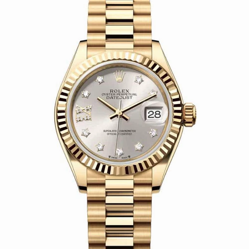 Rolex Lady-Datejust 28mm - Ref: 279178-0002 - Silver Diamond Dial, 18K Yellow Gold President Bracelet Women's Watch