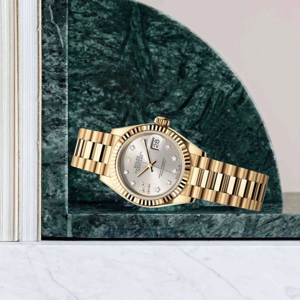 Rolex Lady-Datejust 28mm - Ref: 279178-0002 - Silver Diamond Dial, 18K Yellow Gold President Bracelet Women's Watch