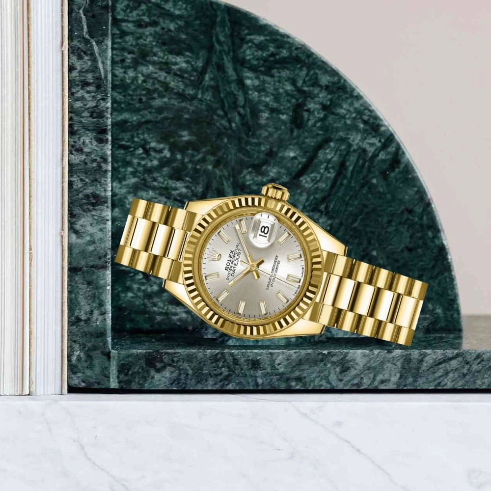 Rolex Lady-Datejust 28mm - Ref: 279178-0005 - Silver Stick Dial, 18K Yellow Gold President Bracelet Women's Watch
